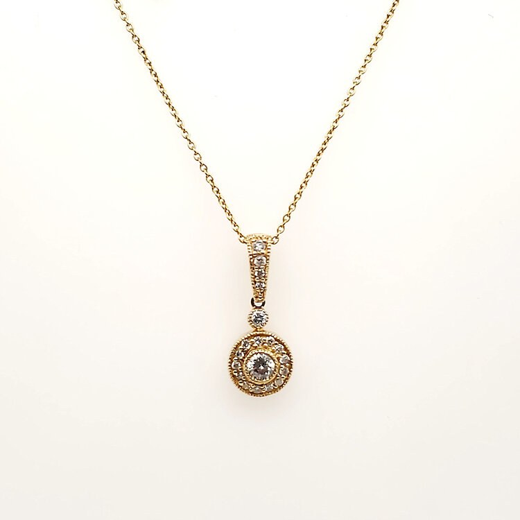 70704 14K YELLOW GOLD .25CTW DIAMOND MILGRAIN BEZEL SET HALO PENDANT NECKLACE