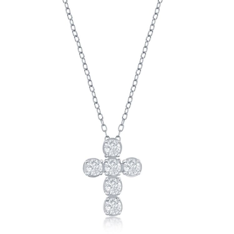 80458 CLASSIC STERLING SILVER CUBIC ZIRCONIA CROSS PENDANT NECKLACE