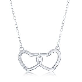 80459 CLASSIC STERLING SILVER INTERLOCKING HALF CUBIC ZIRCONIA DOUBLE HEART NECKLACE