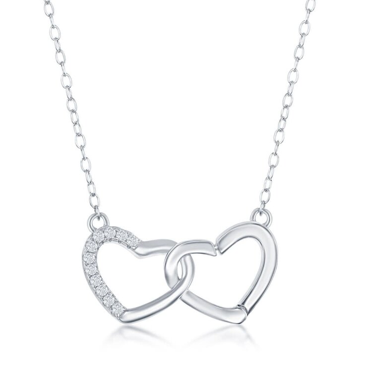 80459 CLASSIC STERLING SILVER INTERLOCKING HALF CUBIC ZIRCONIA DOUBLE HEART NECKLACE