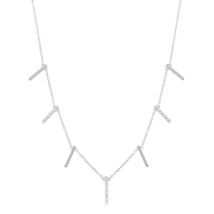 80463 CLASSIC STERLING SILVER ALTERNATING VERTICAL BAR PLAIN AND CUBIC ZIRCONIA NECKLACE