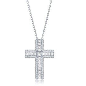 80468 CLASSIC STERLING SILVER BAGUETTE AND ROUND CUBIC ZIRCONIA CROSS PENDANT NECKLACE