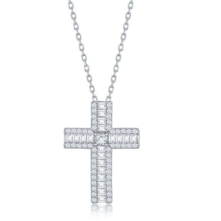 80468 CLASSIC STERLING SILVER BAGUETTE AND ROUND CUBIC ZIRCONIA CROSS PENDANT NECKLACE