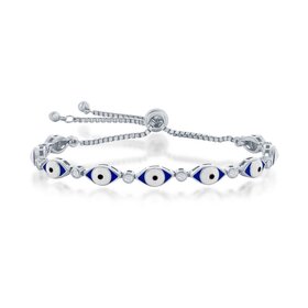 80472 CLASSIC STERLING SILVER BLUE ENAMEL EVIL EYE CUBIC ZIRCONIA ADJUSTABLE BOLO BRACELET