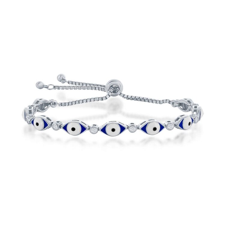 80472 CLASSIC STERLING SILVER BLUE ENAMEL EVIL EYE CUBIC ZIRCONIA ADJUSTABLE BOLO BRACELET