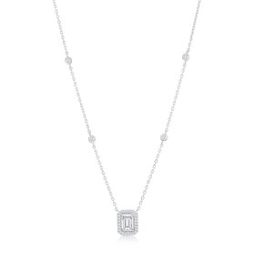 80478 CLASSIC STERLING SILVER  EMERALD  CUT CUBIC ZIRCONIA HALO FANCY NECKLACE