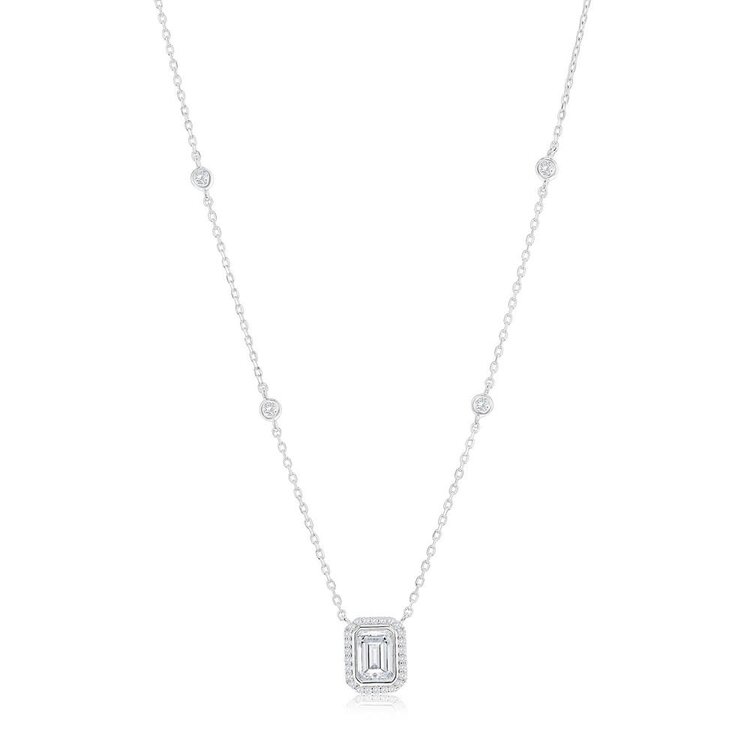 80478 CLASSIC STERLING SILVER  EMERALD  CUT CUBIC ZIRCONIA HALO FANCY NECKLACE
