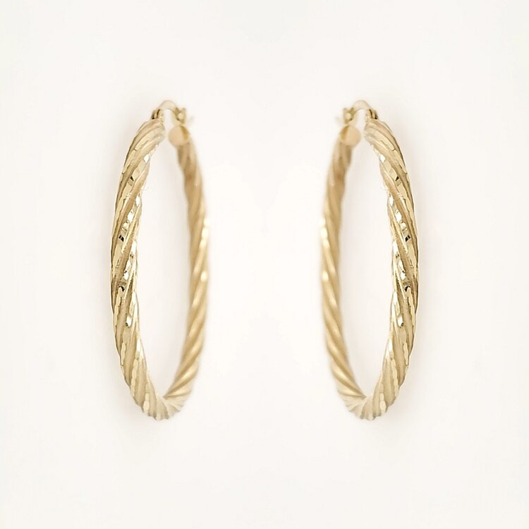 31353 14K YELLOW GOLD 1.60" 2.90MM SATIN FINISH DIAMOND CUT TWISTED STYLE HOOPS