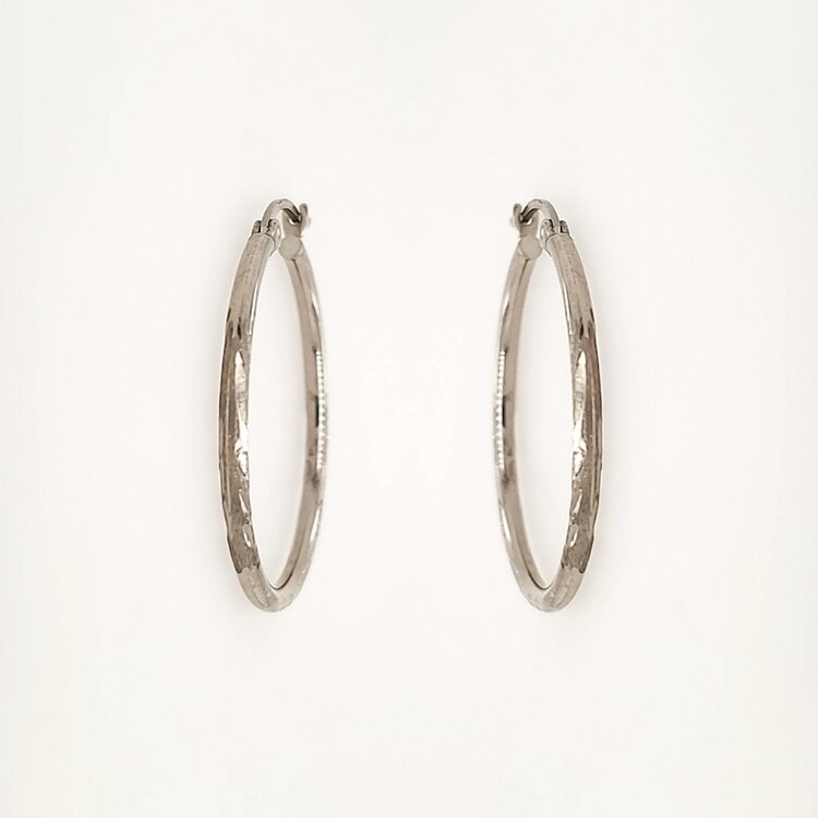 31360 14K WHITE GOLD 1.25" 1.95MM DIAMOND CUT SATIN FINISH HOOPS