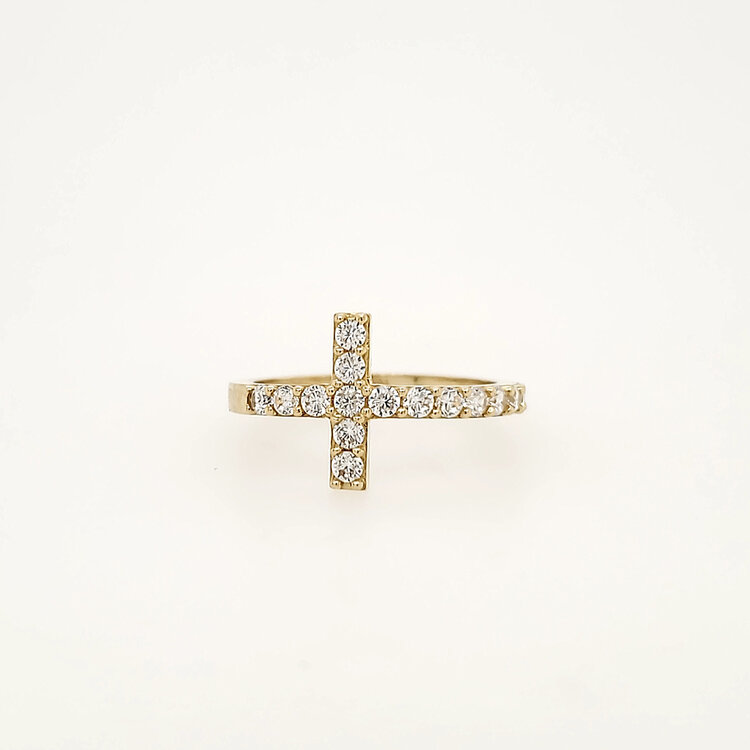 40401 14K YELLOW GOLD CUBIC ZIRCONIA SIDE WAY CROSS RING
