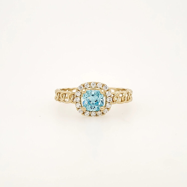 40400 14K YELLOW GOLD SYNTHETIC BLUE TOPAZ CUSHION CUT HALO OVAL LINK STYLE LADIES RING