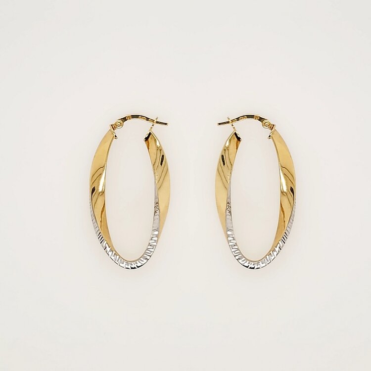 31363 14K TWO TONE 1.50" DIAMOND CUT TWIST OVAL STYLE HOOPS