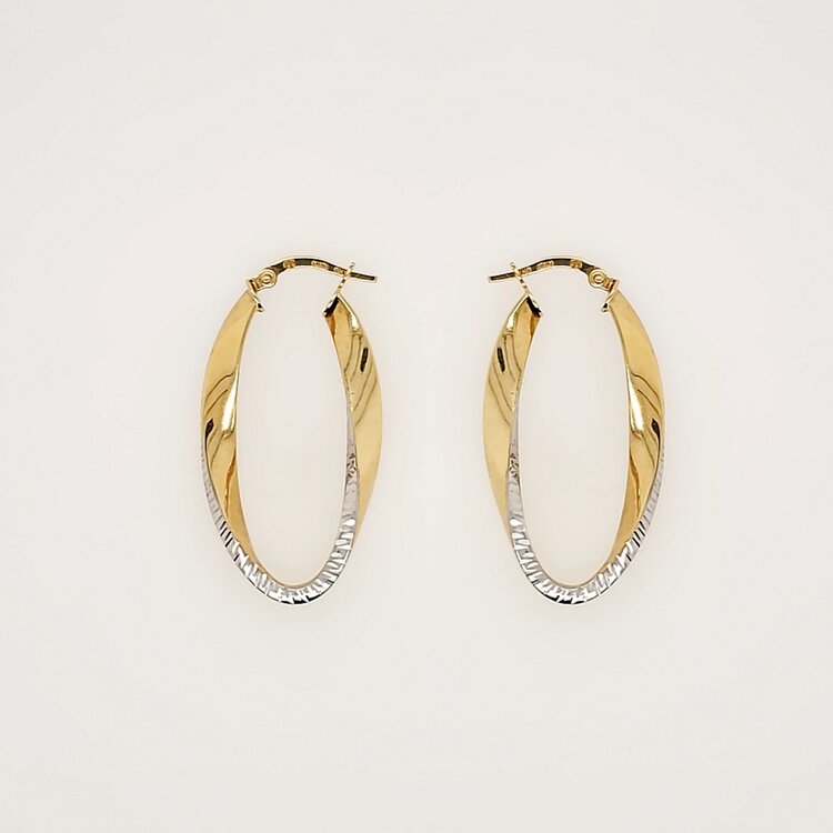 31363 14K TWO TONE 1.50" DIAMOND CUT TWIST OVAL STYLE HOOPS