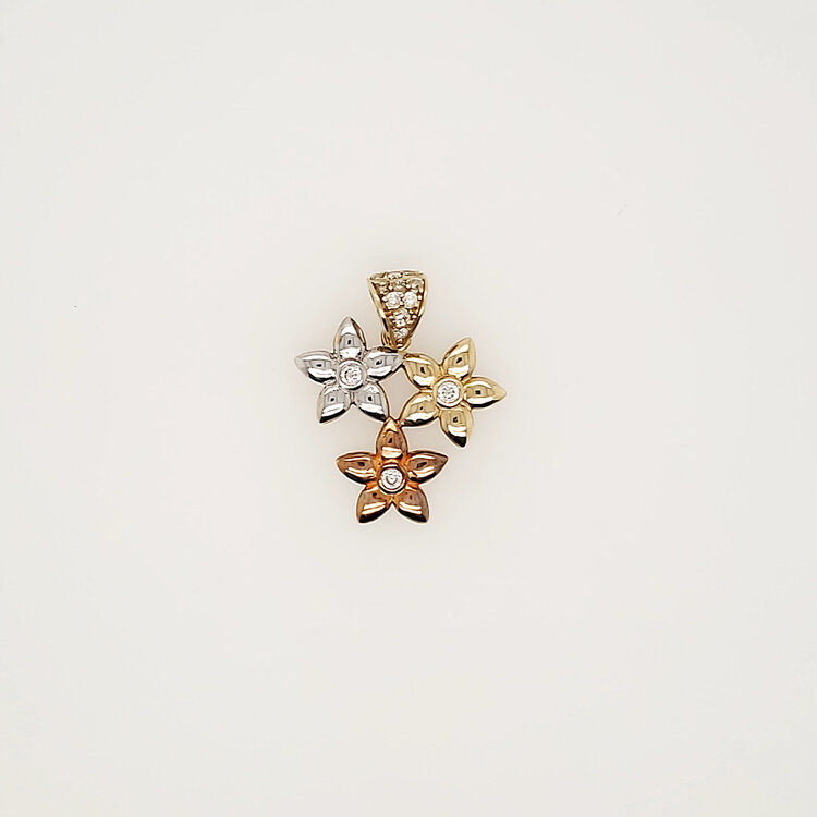 78137 14K TRI COLOR CUBIC ZIRCONIA THREE FLOWERS CHARM