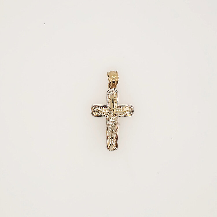 77319 14K TWO TONE 1" DIAMOND CUT MILGRAIN EDGES SMALL CRUCIFIX