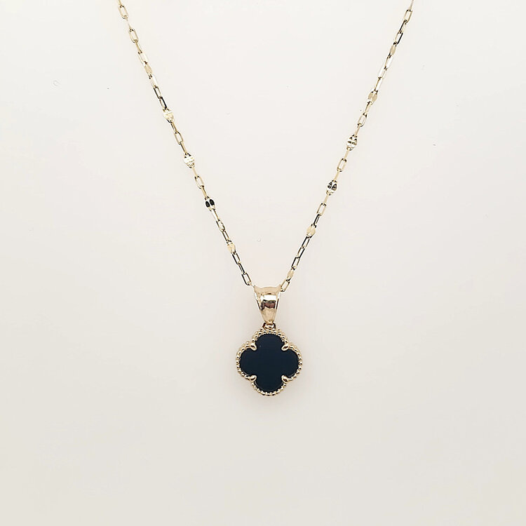 70707 14K YELLOW GOLD 9.20MM BLACK ONYX CLOVER PENDANT NECKLACE