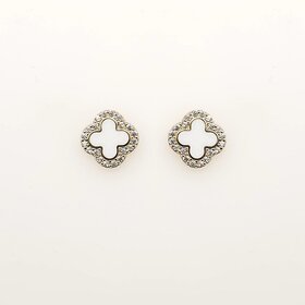 31387 14K YELLOW GOLD CUBIC ZIRCONIA WHITE CERAMIC CLOVER SCREWBACKS BABY EARRINGS STUDS