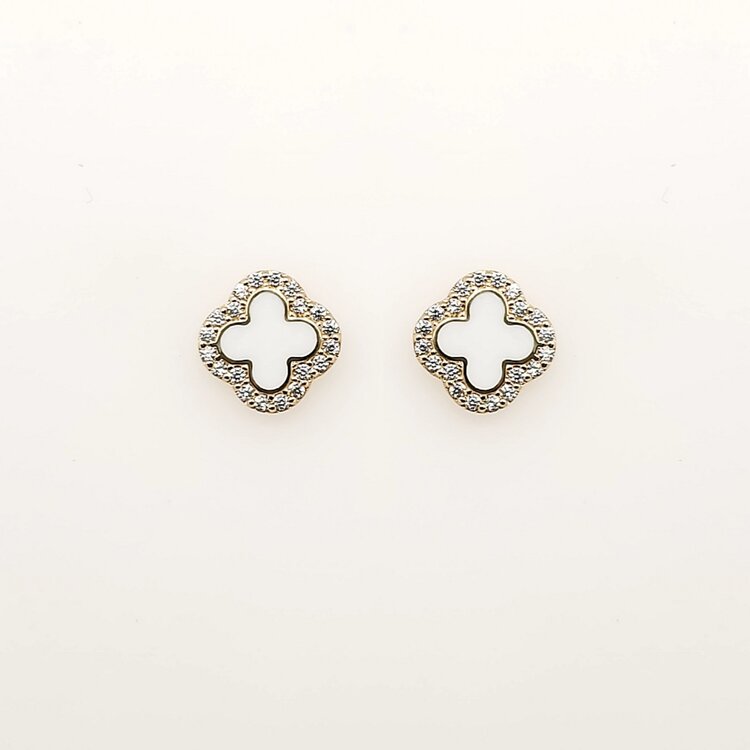 31387 14K YELLOW GOLD CUBIC ZIRCONIA WHITE CERAMIC CLOVER SCREWBACKS BABY EARRINGS STUDS