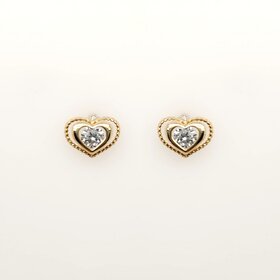 31391 14K YELLOW GOLD MILGRAIN AND HIGH POLISH CUT OUT HEART CUBIC ZIRCONIA SCREWBACKS BABY EARRINGS