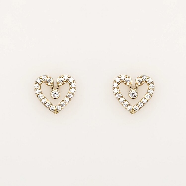 31390 14K YELLOW GOLD CUBIC ZIRCONIA HEART SMALL BEZEL SET STONE CENTER SCREWBACK BABY EARRINGS STUDS