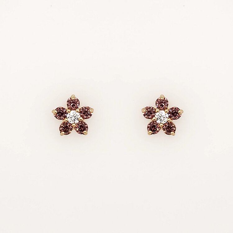 31375 14K YELLOW GOLD PURPLE FLOWER PETALS CUBIC ZIRCONIA SCREWBACKS BABY EARRINGS STUDS