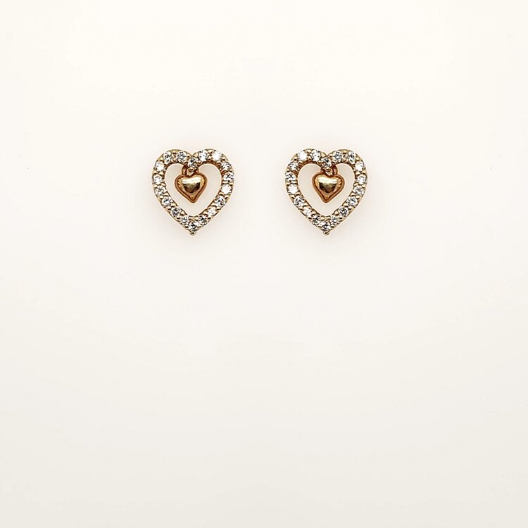 30821 14K YELLOW GOLD CUBIC ZIRCONIA DOUBLE HEART DANGLING STUD EARRINGS