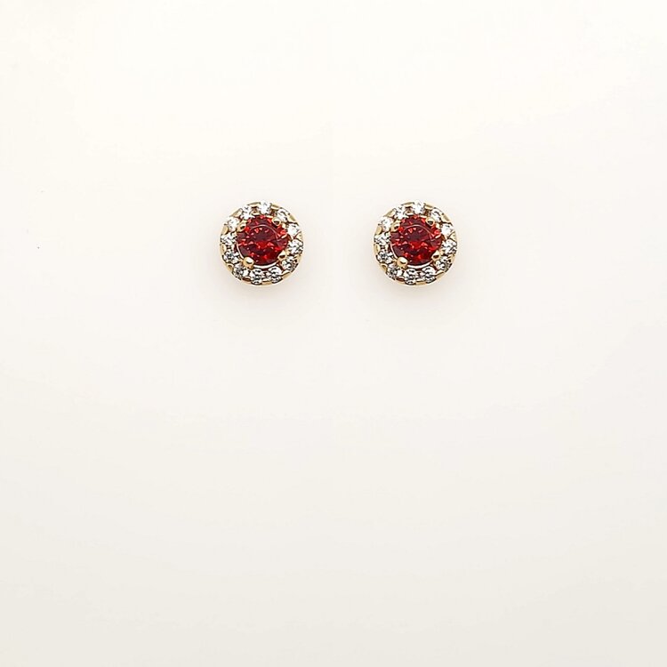31085 14K YELLOW GOLD 6MM GARNET WITH CUBIC ZIRCONIA HALO SCREWBACKS
