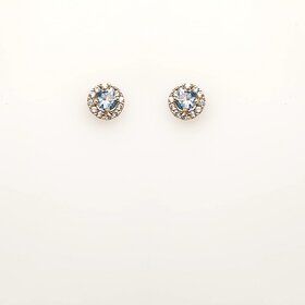 31084 14K YELLOW GOLD 6MM BABY BLUE CENTER WITH CUBIC ZIRCONIA HALO SCREWBACKS