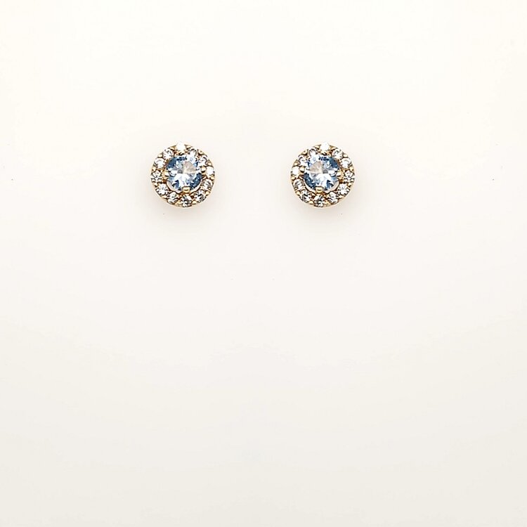 31084 14K YELLOW GOLD 6MM BABY BLUE CENTER WITH CUBIC ZIRCONIA HALO SCREWBACKS