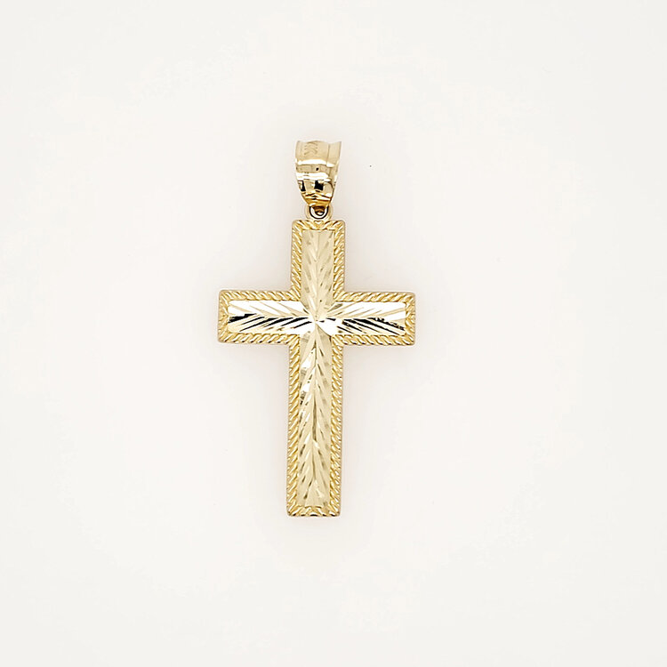 77322 14K YELLOW GOLD 1.50" DIAMOND CUT TEXTURED SQUARE CROSS CHARM