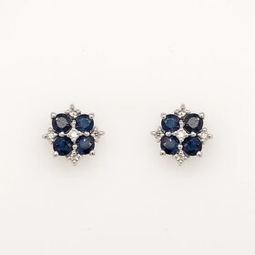 31399 14K WHITE GOLD SAPPHIRE DIAMOND CLUSTER FLOWER STUD EARRINGS