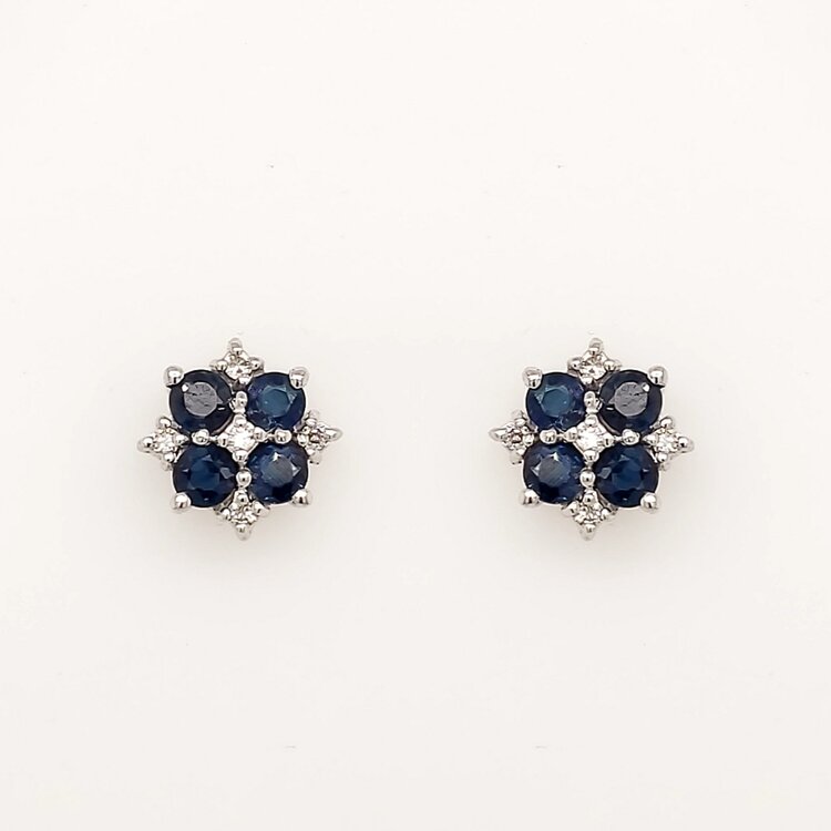 31399 14K WHITE GOLD SAPPHIRE DIAMOND CLUSTER FLOWER STUD EARRINGS