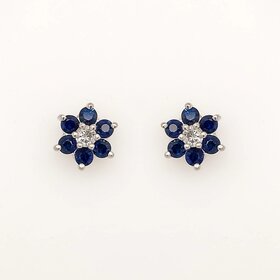 31405 14K WHITE GOLD SAPPHIRE DIAMOND FLOWER STUDS EARRINGS