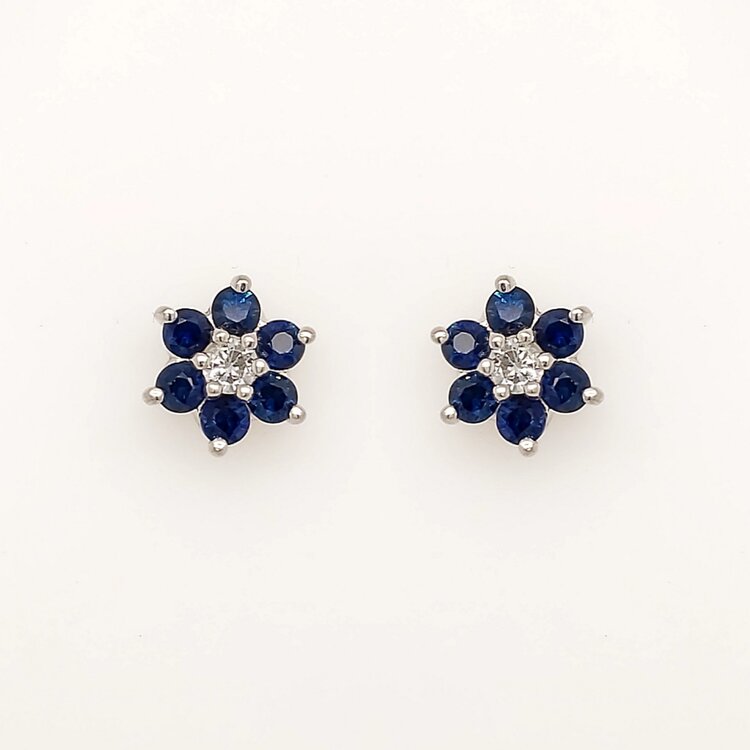 31405 14K WHITE GOLD SAPPHIRE DIAMOND FLOWER STUDS EARRINGS