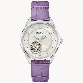 bulova 042429603585 BULOVA SUTTON CLASSIC COLLECTION FLORAL  AUTOMATIC SAPPHIRE CYRSTAL LAVENDER COLOR CROCODILE TEXTURED LEATHER BAND LADIES WATCH