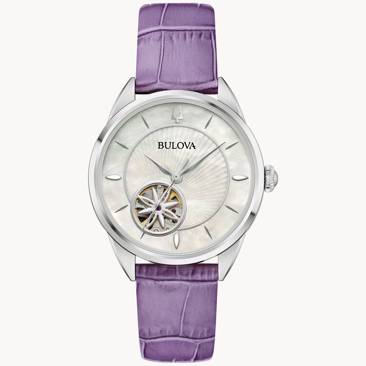 bulova 042429603585 BULOVA SUTTON CLASSIC COLLECTION FLORAL  AUTOMATIC SAPPHIRE CYRSTAL LAVENDER COLOR CROCODILE TEXTURED LEATHER BAND LADIES WATCH