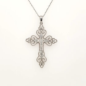 75073 14K WHITE GOLD .33CTW DIAMOND MILGRAIN VINTAGE STYLE CROSS PENDANT NECKLACE
