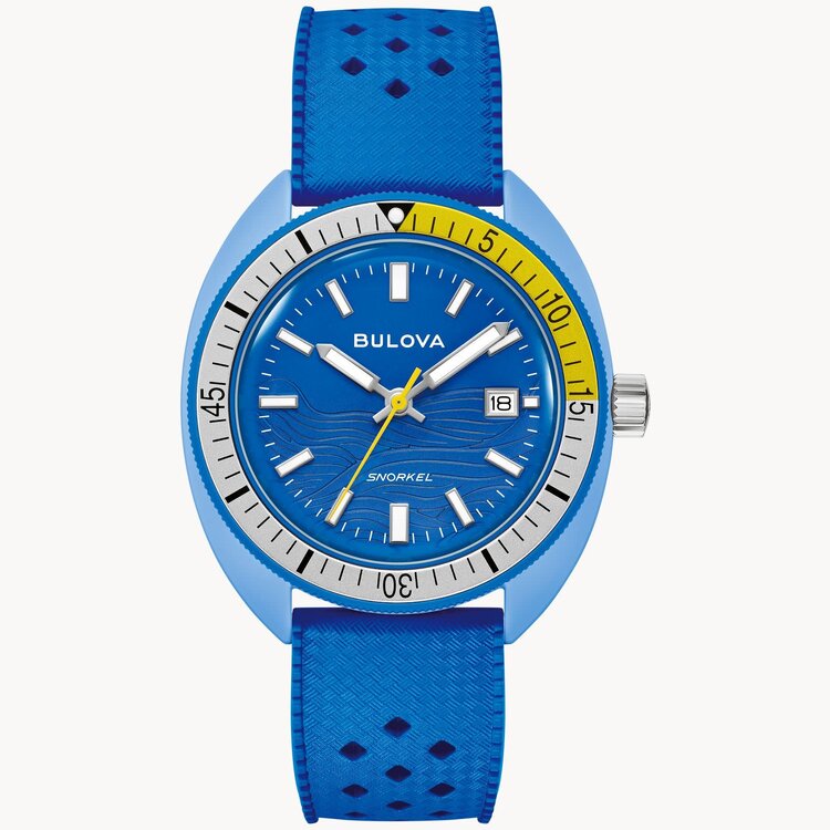bulova BULOVA SNORKEL COLLECTION VINTAGE INSPIRED 41MM BLUE DIAL UNIDIRECTIONAL BEZEL BLUE PERFORATED RUBBER BAND MEN'S WATCH