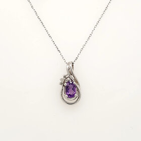 70718 10K WHITE GOLD OVAL AMETHYST DIAOND ACCENTS SWIRL STYLE PENDANT NECKLACE