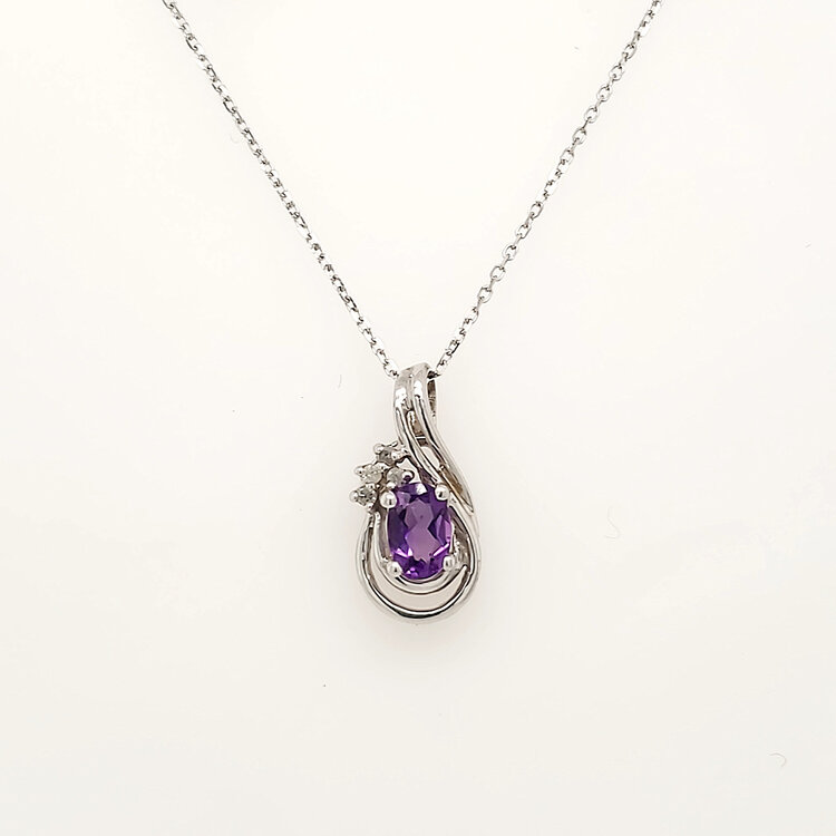 70718 10K WHITE GOLD OVAL AMETHYST DIAOND ACCENTS SWIRL STYLE PENDANT NECKLACE