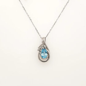 70719 10K WHITE GOLD OVAL BLUE TOPAZ DIAMOND ACCENTS SWIRL STYLE PENDANT NECKLACE