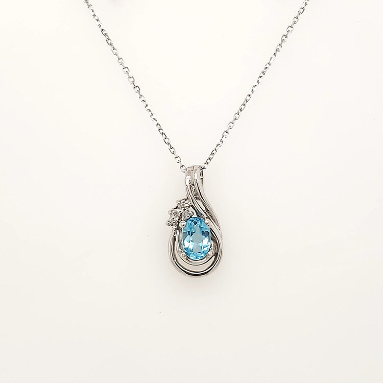70719 10K WHITE GOLD OVAL BLUE TOPAZ DIAMOND ACCENTS SWIRL STYLE PENDANT NECKLACE