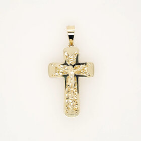 77317 14K YELLOW GOLD 1.60" DIAMOND CUT DOUBLE PLATE 3D STYLE CUT OUT CRUCIFIX