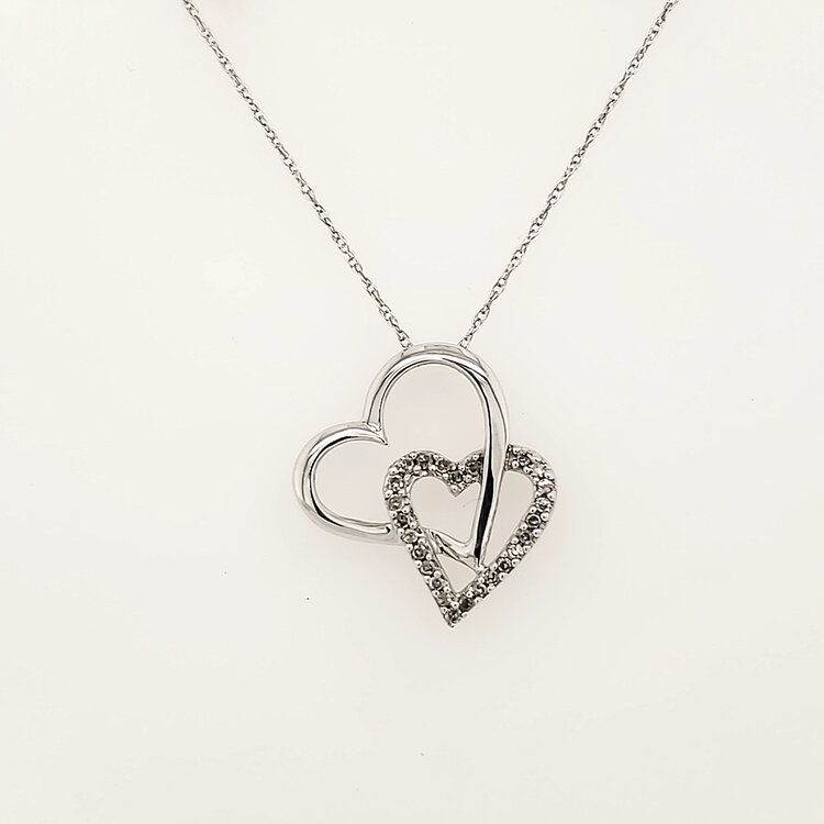 70723 10K WHITE GOLD DIAMOLND DOUBLE HEART PENDANT NECKLACE