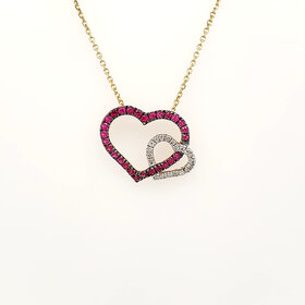 70239 14K YELLOW GOLD RUBY AND DIAMOND  DOUBLE OPEN HEART PENDANT  NECKLACE