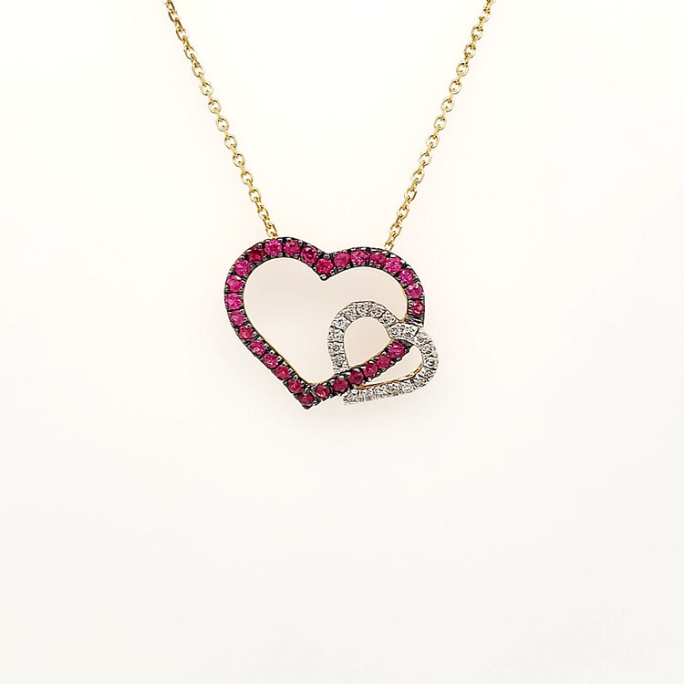 70239 14K YELLOW GOLD RUBY AND DIAMOND  DOUBLE OPEN HEART PENDANT  NECKLACE
