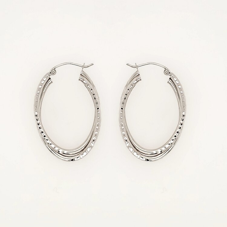 30924 14K WHITE GOLD 1.25" DIAMOND CUT DOUBLE OVAL HOOPS