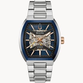 bulova BULOVA MAQUINA COLLECTION AUTOMATIC BLUE BEZEL ROSE GOLD ACCENTS SAPPHIRE CRYSTAL MEN'S WATCH