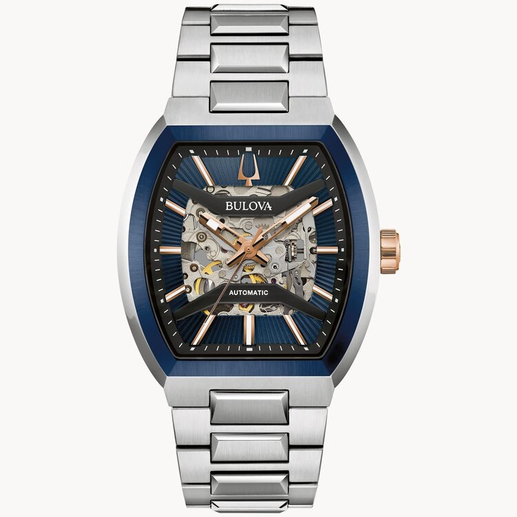 bulova BULOVA MAQUINA COLLECTION AUTOMATIC BLUE BEZEL ROSE GOLD ACCENTS SAPPHIRE CRYSTAL MEN'S WATCH