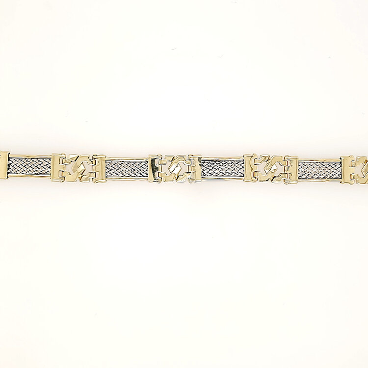 25132 14K TWO TONE MEN’S FANCY WEAVED CENTER INTERLOCKING BAR BRACELET